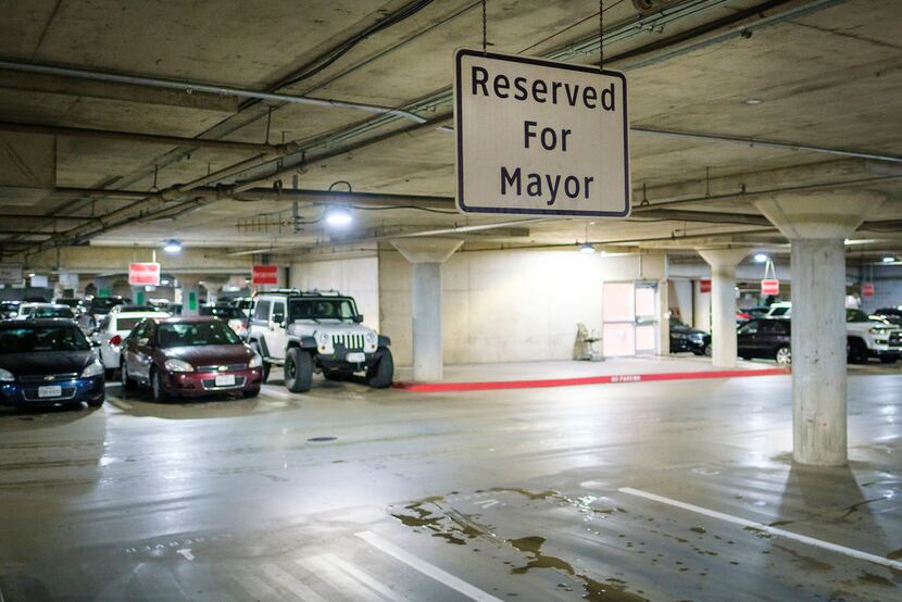 The parking space reserved for the mayor is seen  in the garage underneath Dallas City Hall...