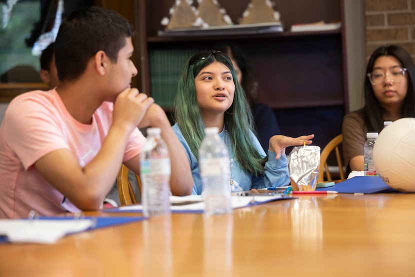 Rising senior Jazmine Salinas, student at the School of Health Professions, speaks during a...