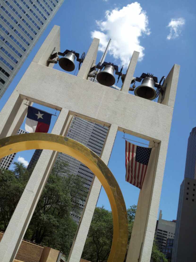The Bell Tower and Ring of Thanks at Thanks-Giving Square in downtown Dallas.