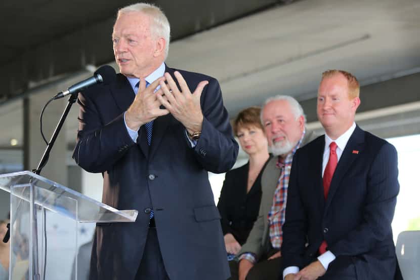 Dallas Cowboys owner Jerry Jones talks during a ceremony to celebrate the topping off of the...