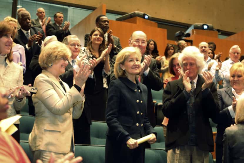 Dallas City Council members applauded former Senator Kay Bailey Hutchison at a meeting...