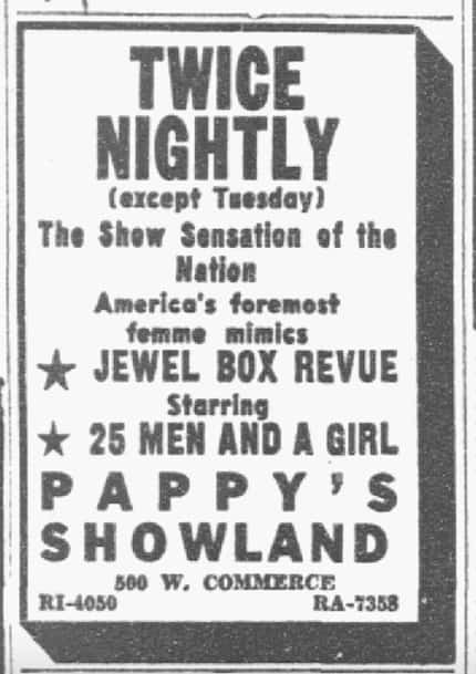 This advertisement for the "femme mimics" of the Jewel Box Revue appearing at the Oak Cliff...