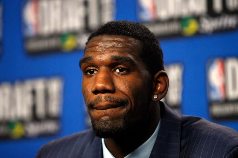 Greg Oden takes questions in the interview room after being selected by the Portland Trail...