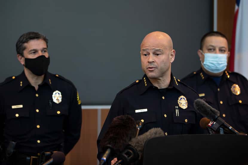 Dallas Police Chief Eddie García speaks at a news conference about the release from jail of...