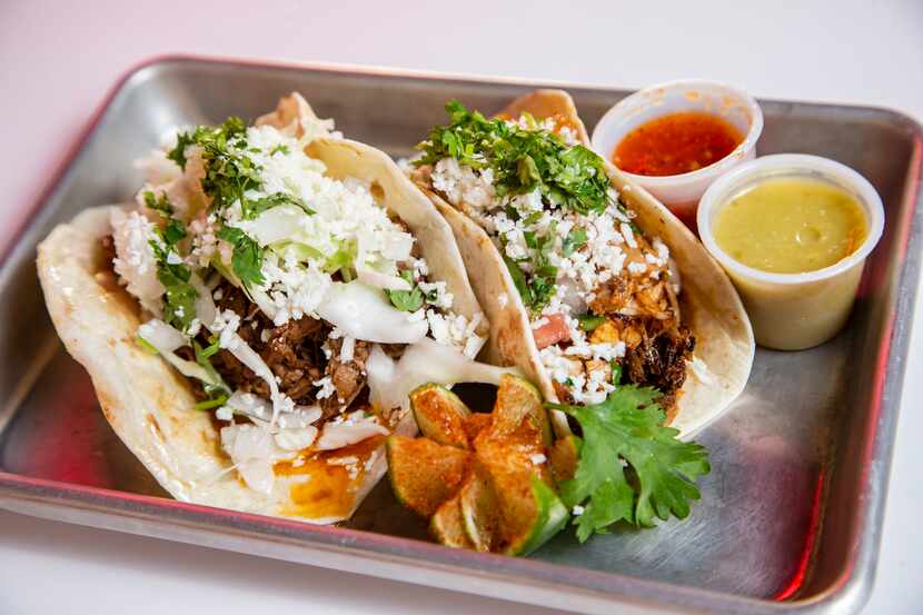Brisket and chicken tacos at Taco Heads in Fort Worth, Monday, August 30, 2021. (Brandon...