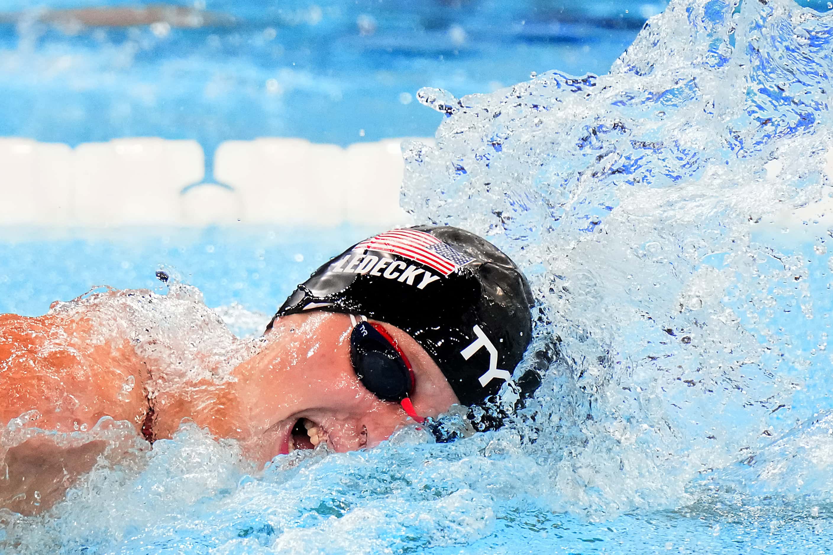 Katie Ledecky of the United States swims in the women's 400-meter freestyle final at the...