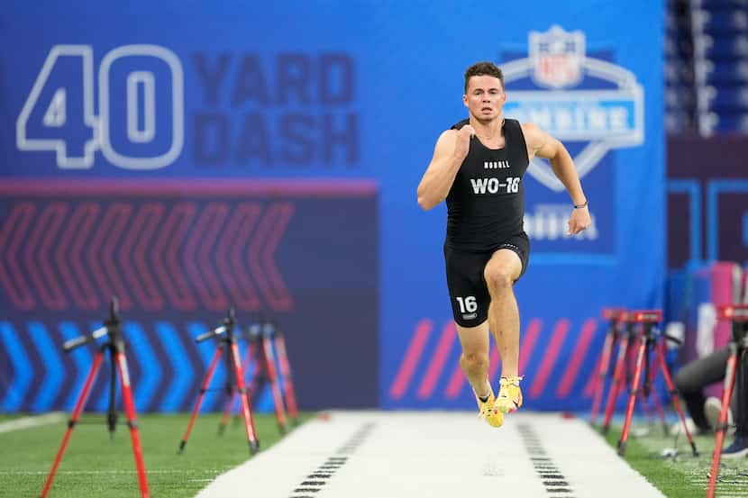 Georgia wide receiver Ladd McConkey runs the 40-yard dash at the NFL football scouting...