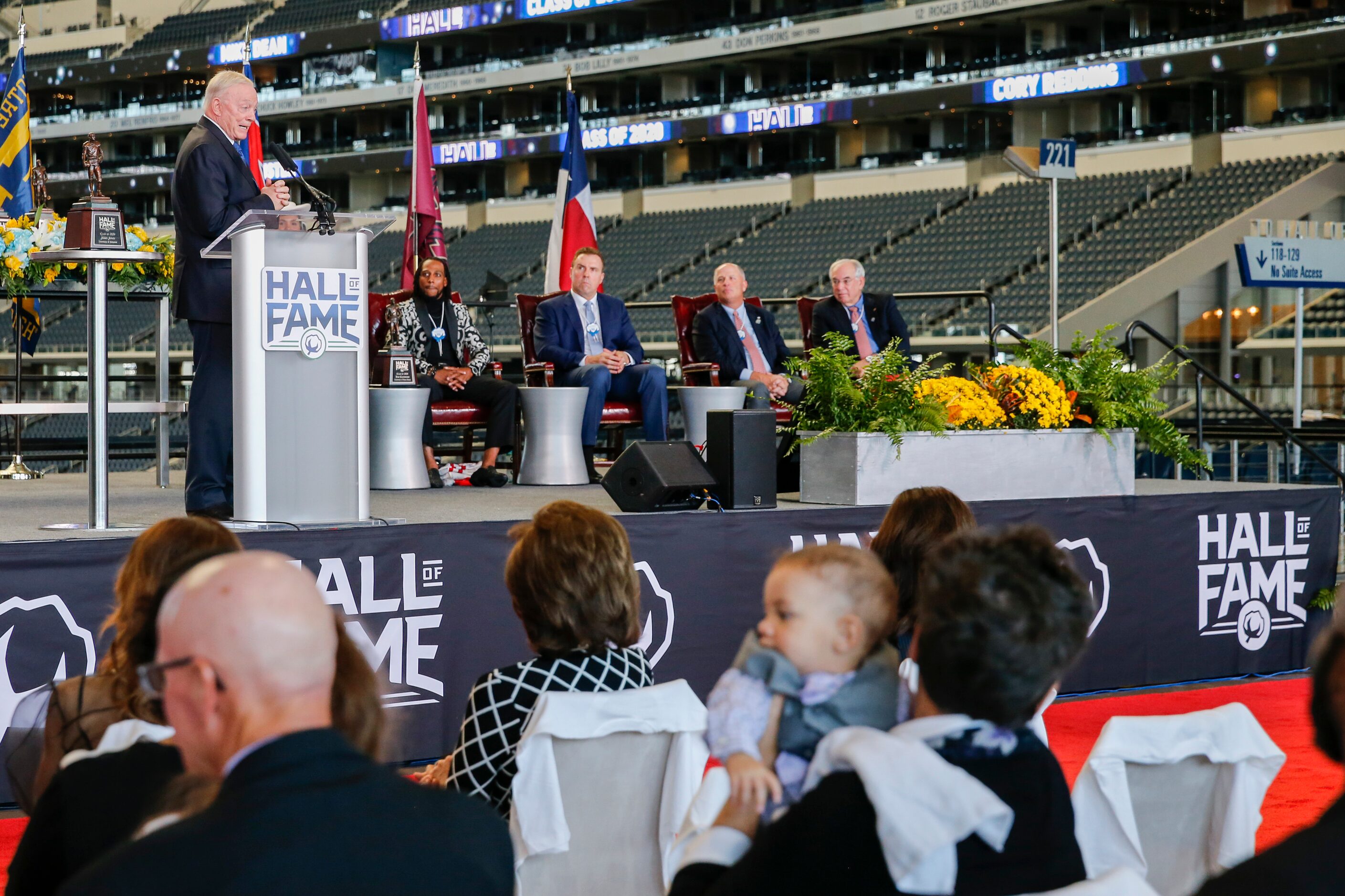 Dallas Cowboys owner Jerry Jones gives remarks during the Cotton Bowl Hall of Fame induction...