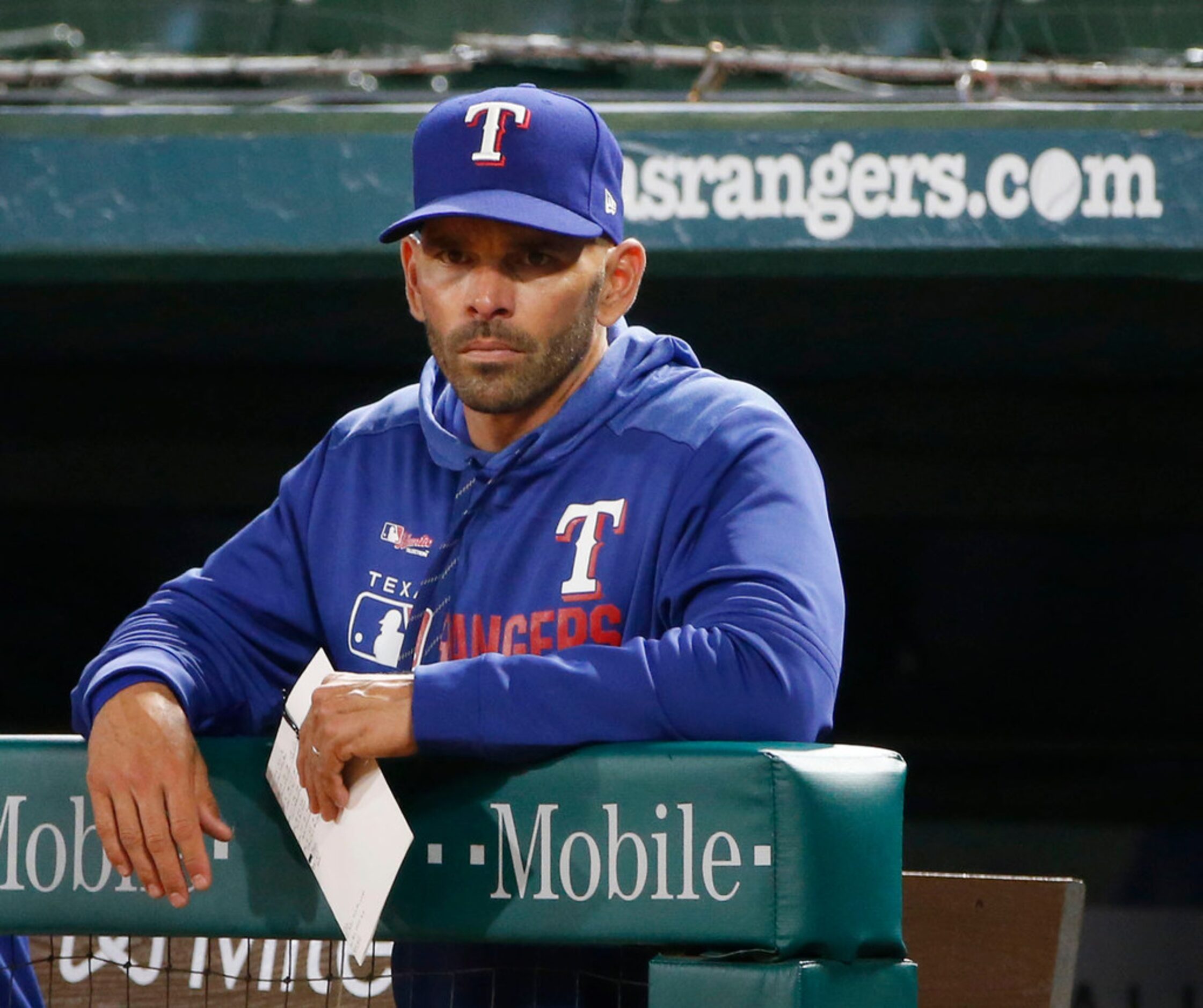 Texas Rangers manager Chris Woodward watches as the Rangers played the Los Angeles Angels...