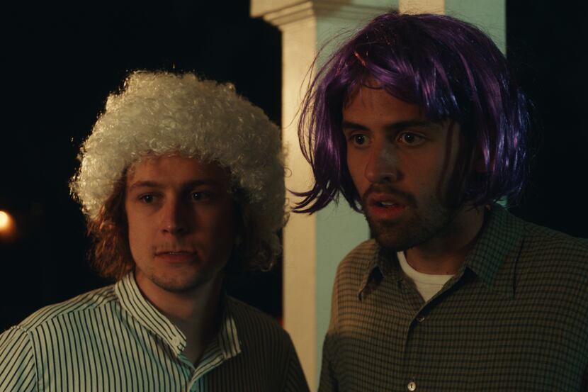 Logan Miller (left) and Cooper Raiff star in "S---house." The film's soundtrack features a...