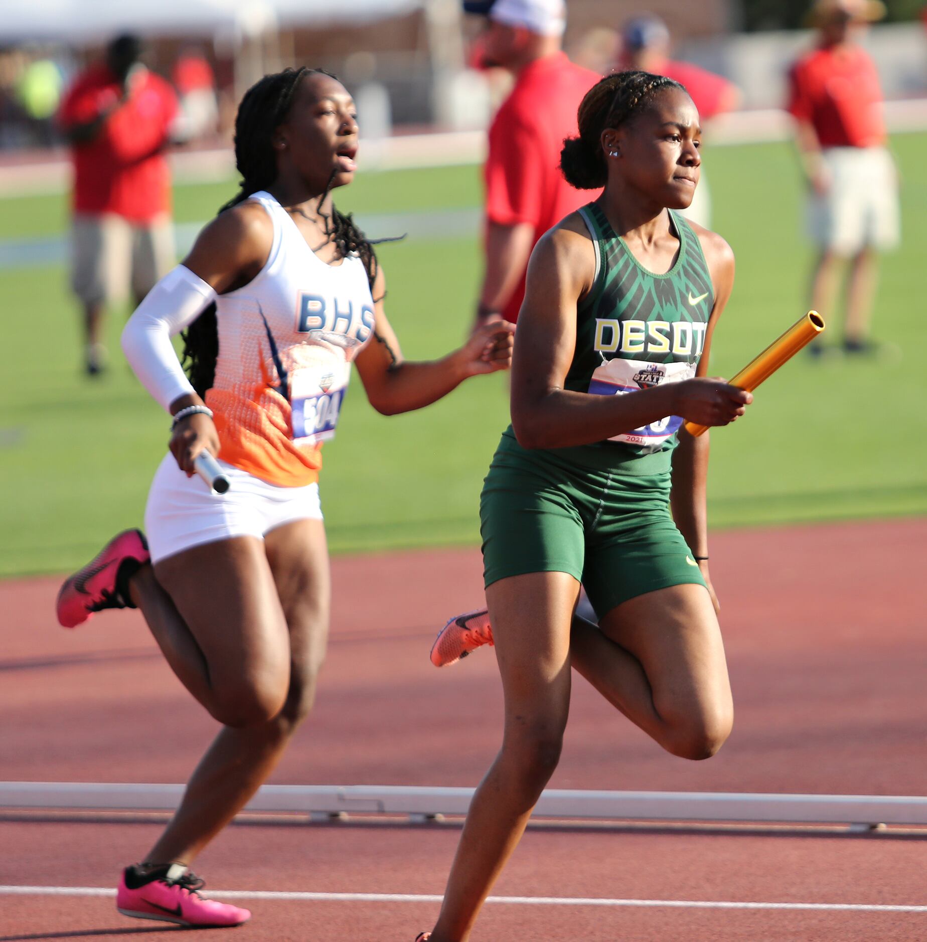 Trinity Kirk of DeSoto competes in the 6A Girls 4x200 meter relay during the UIL state track...