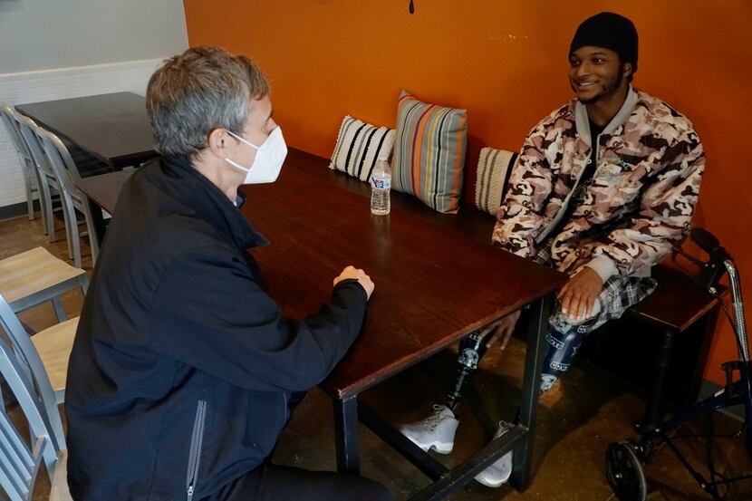 Beto O’Rourke speaks with Steven Brown at City Square Opportunity Center in Dallas, Texas on...