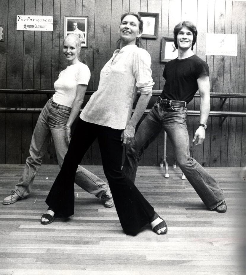 Patrick Swayze, right, dances with his mother Patsy Swayze, center, and his wife Lisa Niemi...