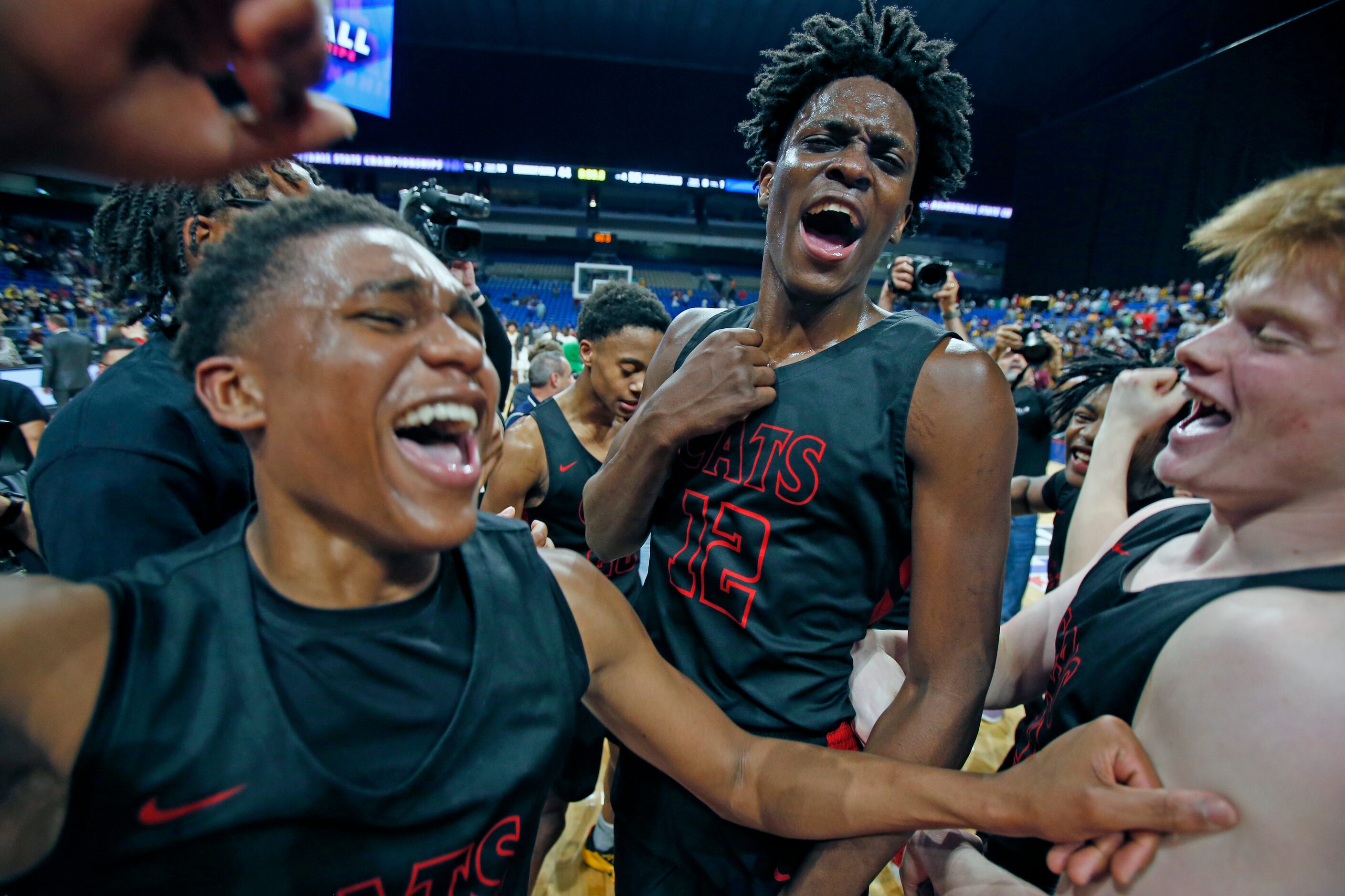 Lake Highlands celebrates at the end of the game. Lake Highlands defeated Beaumont United in...