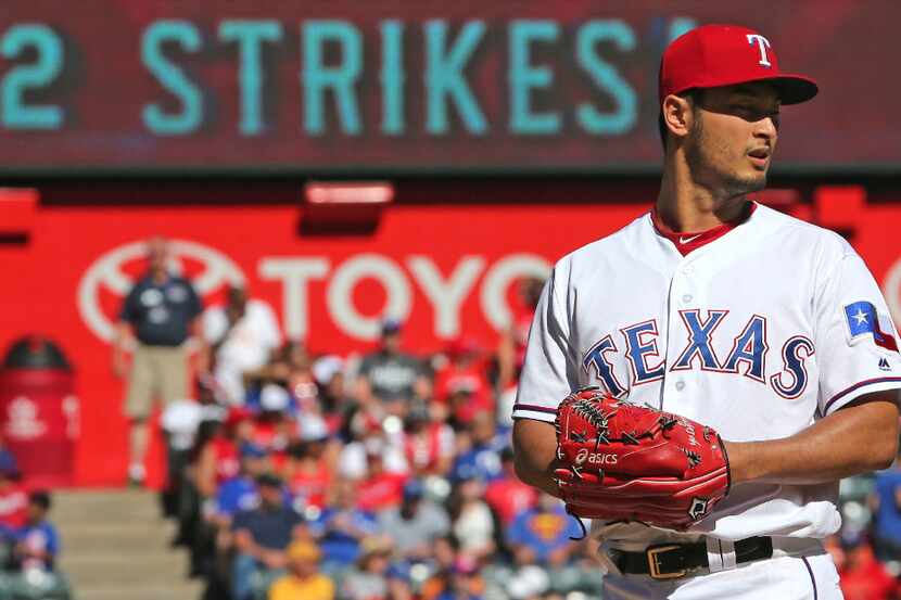 Texas Rangers starting pitcher Yu Darvish (11) is pictured on the mound during the Kansas...