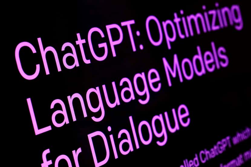 Text from the ChatGPT page of the OpenAI website is shown in this photo, in New York, Feb....