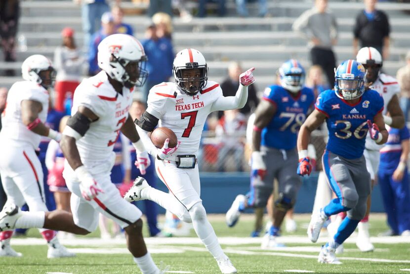 Oct 17, 2015; Lawrence, KS, USA; Texas Tech Red Raiders defensive back Jah'Shawn Johnson (7)...