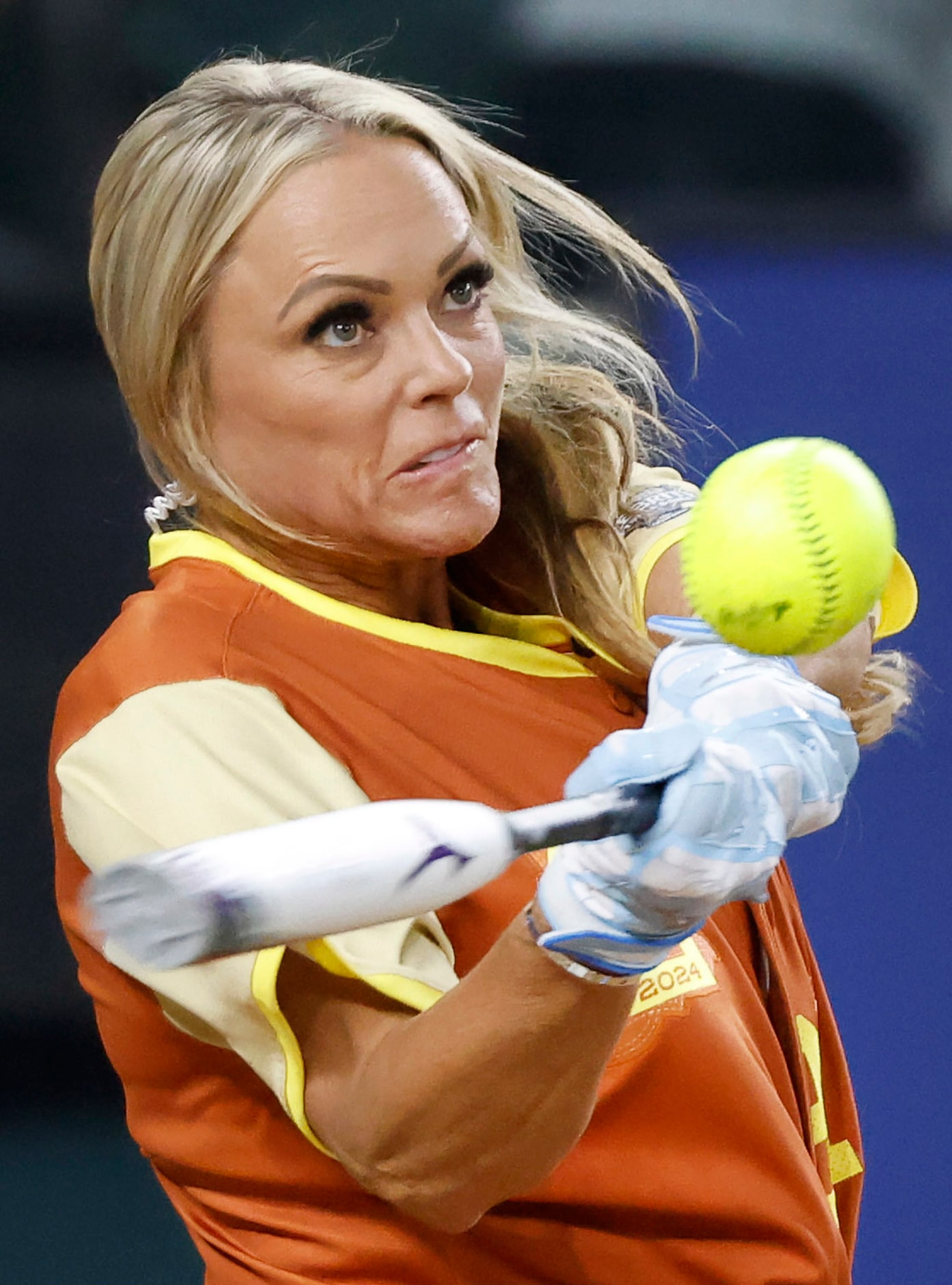 American League hitter Jennie Finch makes contact on a first inning pitch during the MLB...