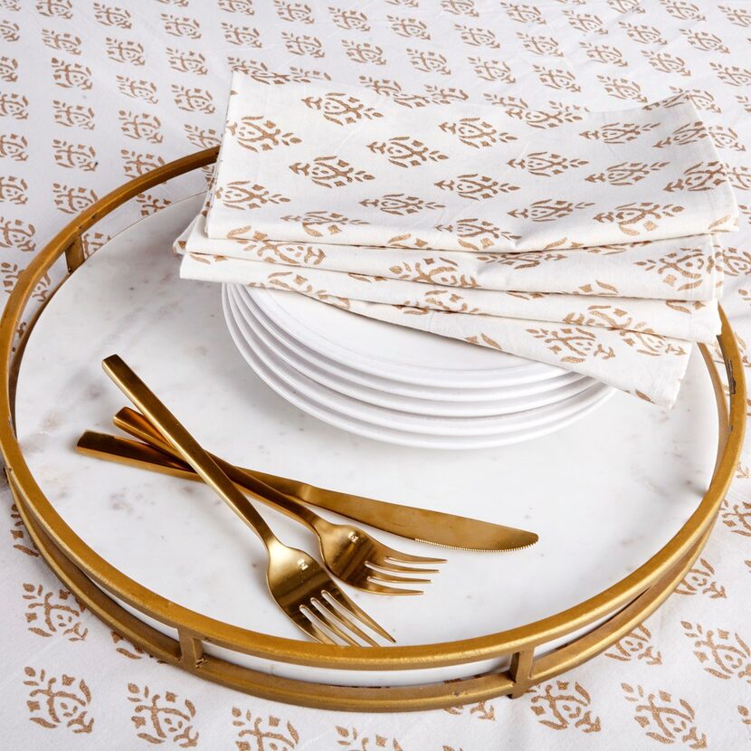 Large Gold Boteh Tablecloth, $89; Large Gold Boteh Napkins, set of four, $29;, Gilt and...