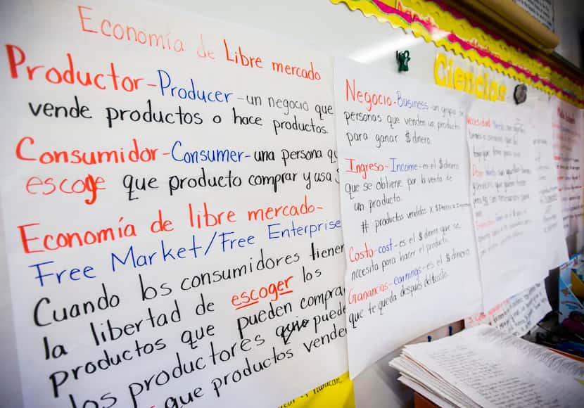 
Posters with Spanish and English vocabulary words are on display in the classroom of...