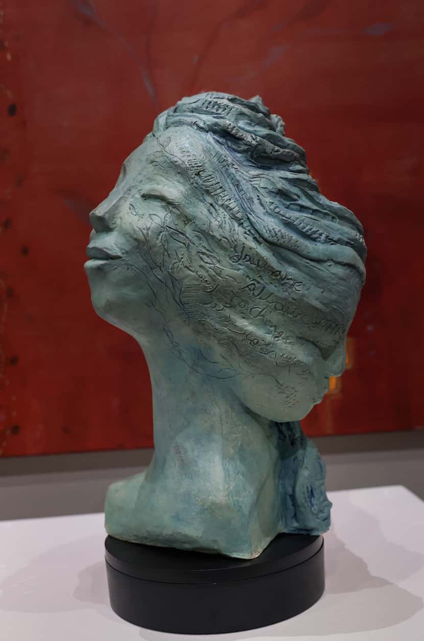 Ramak Baghaie’s “Woman Life Freedom” is a glazed clay sculpture. Baghaie said it shows two...