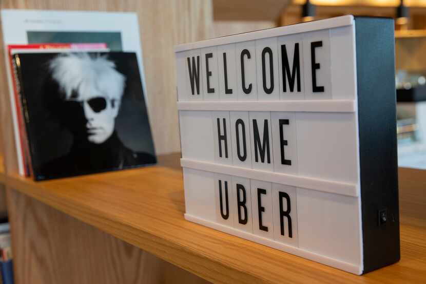 A sign in the lobby of Uber's Deep Ellum office on Jan. 27, 2020, in Dallas.
