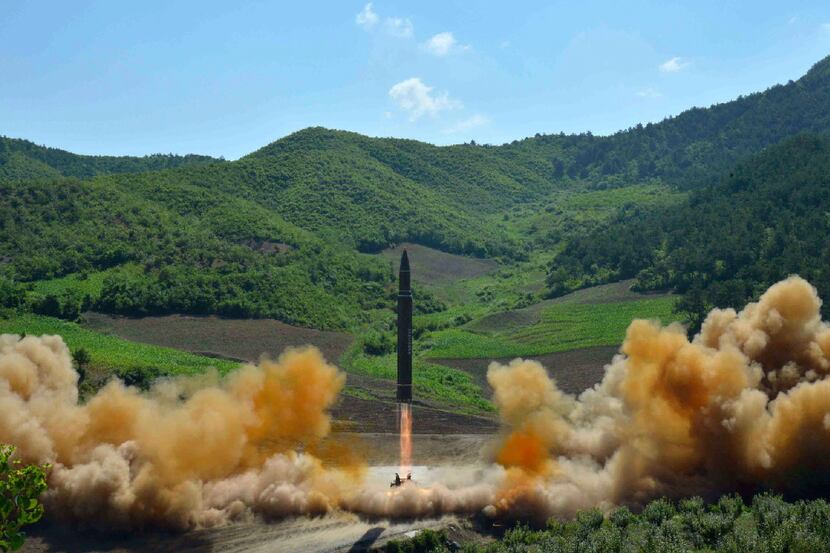 This photo distributed by the North Korean government shows what was said to be the launch...