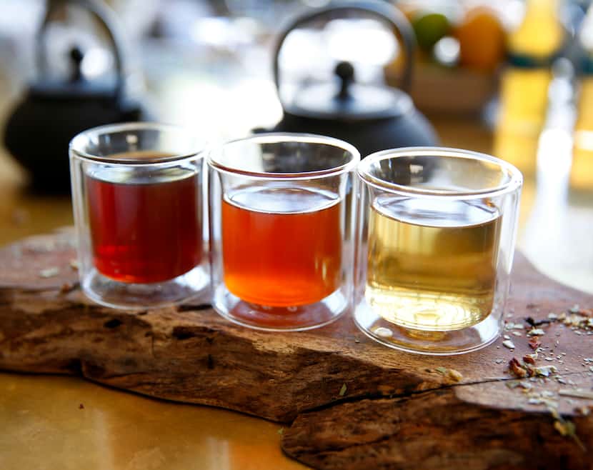 Teas on the menu at Homewood restaurant include dark teas like Sticky Rice Pu'er (left), as...