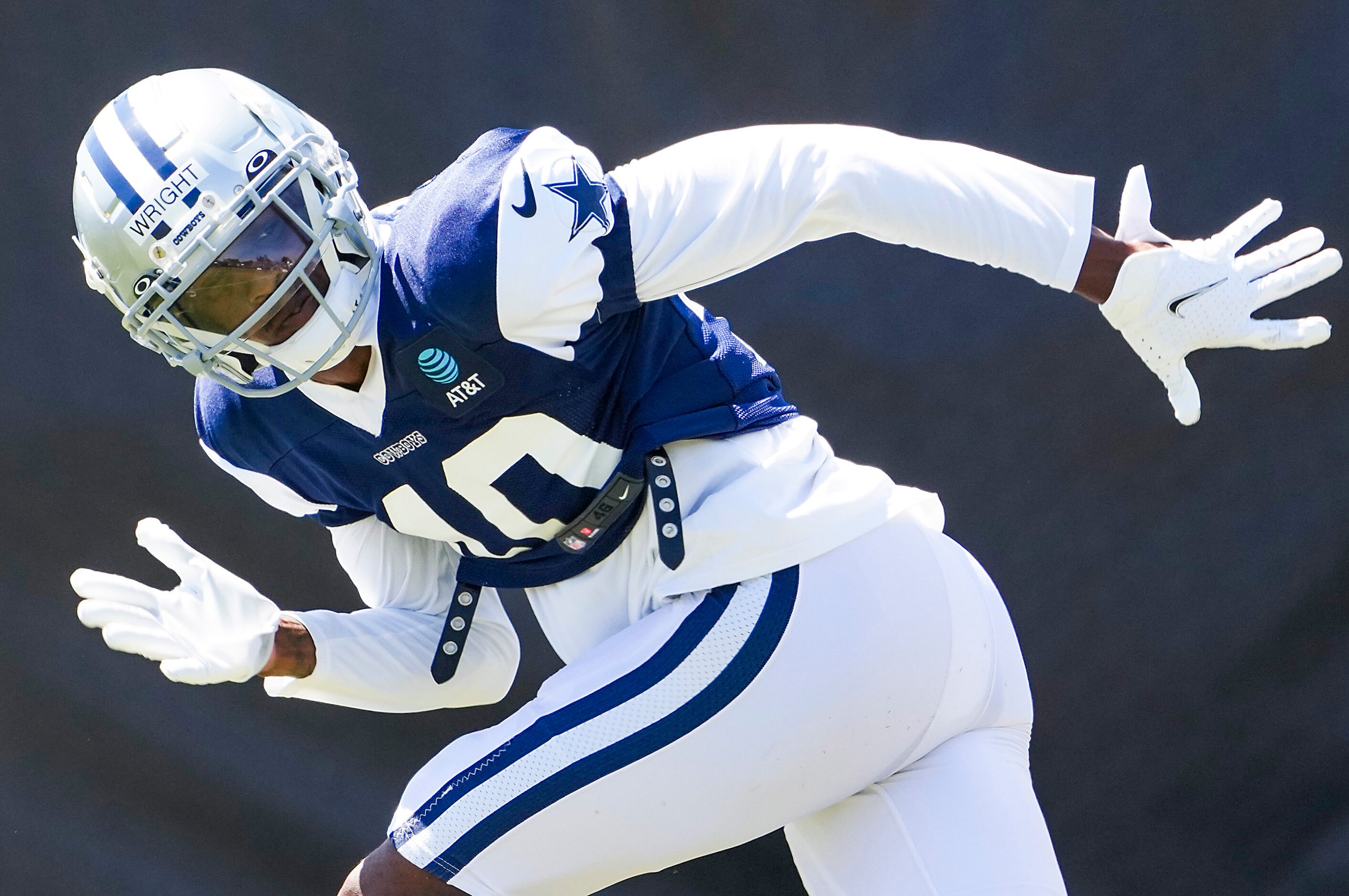 Dallas Cowboys cornerback Nahshon Wright runs a drill during a practice at training camp on...