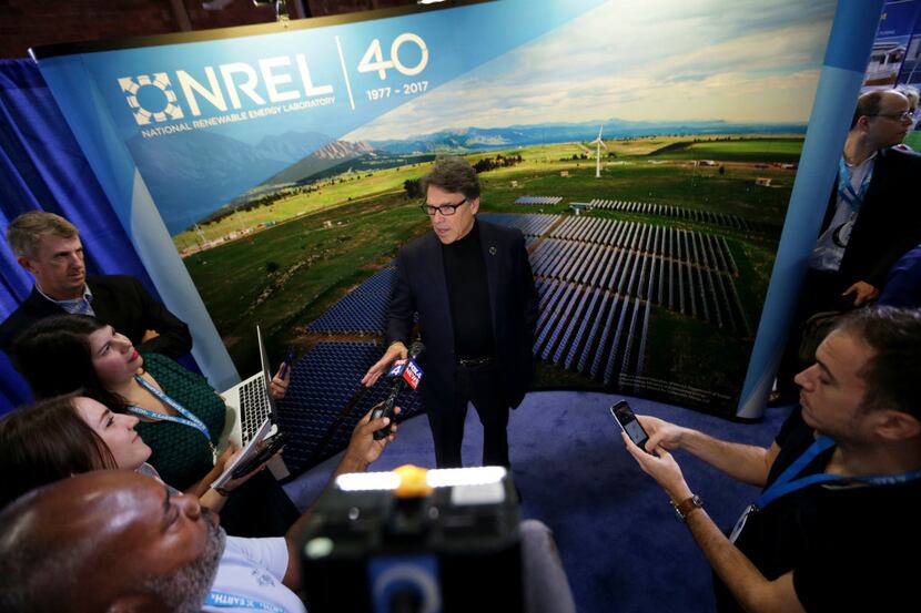 In this April 21, 2017 file photo, Energy Rick Perry speaks to reporters at an Earth Day...