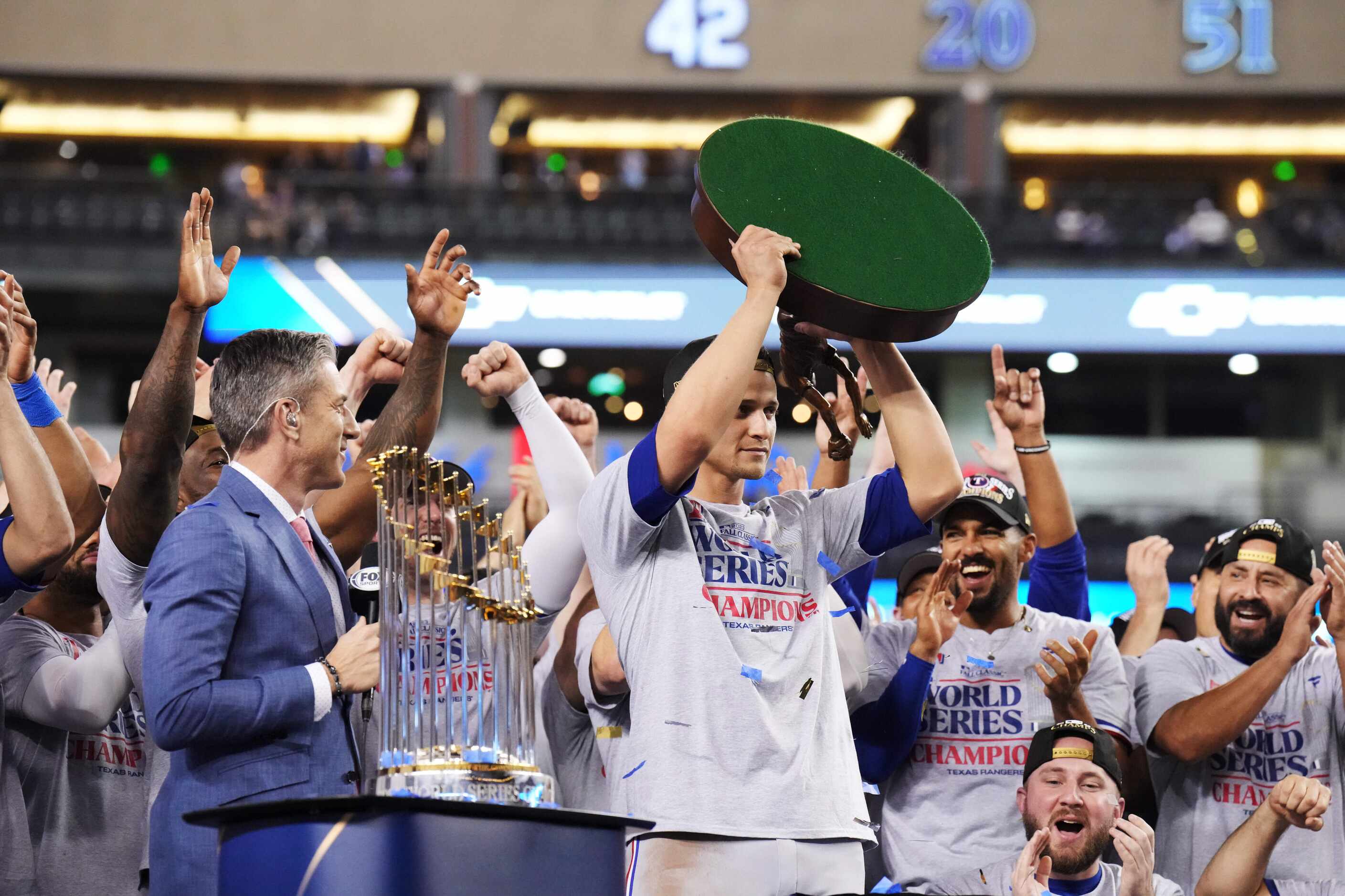 Texas Rangers shortstop Corey Seager celebrates winning MVP
of the World Series after...