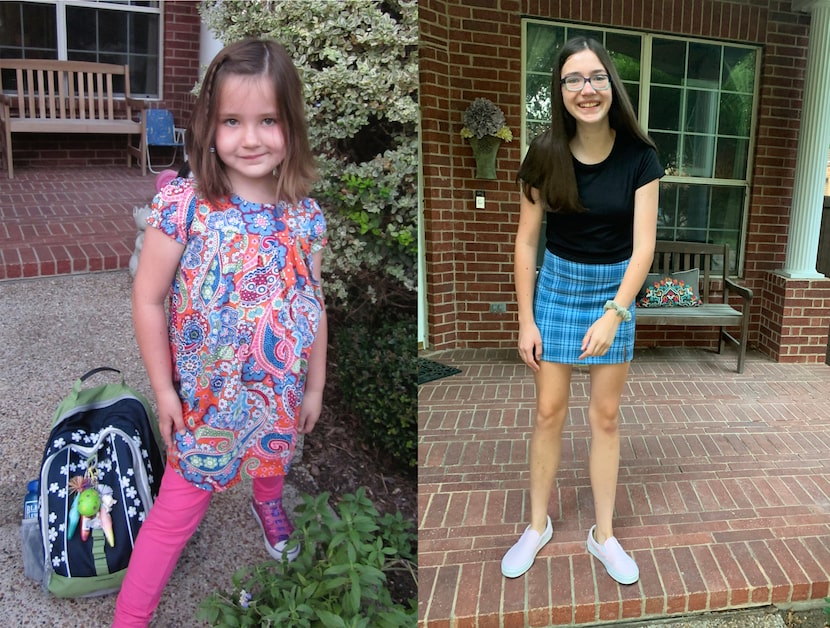 Katie Damm's first day of kindergarten in 2010 (left) and her first day of high school on...