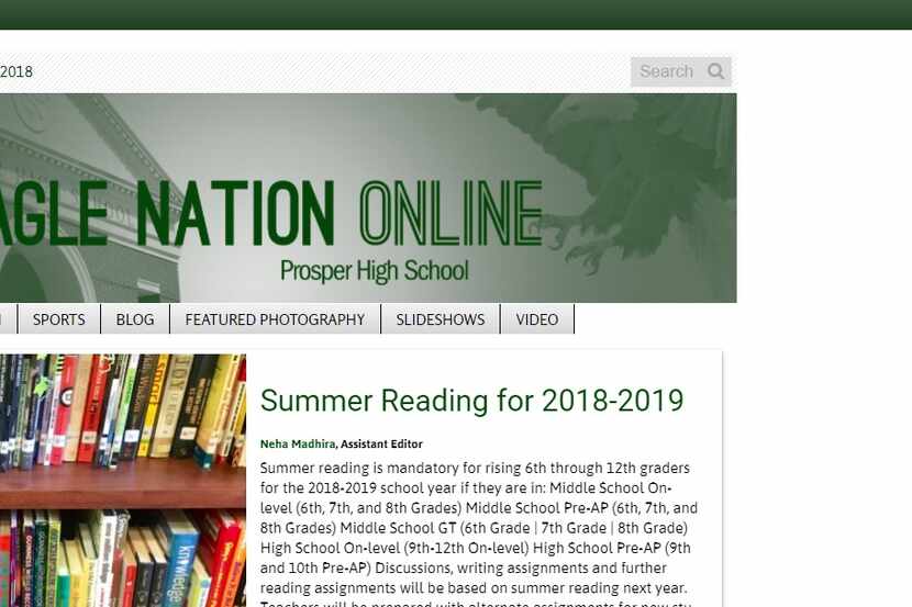 This a screen shot of Prosper High School's student newspaper Eagle Nation Online taken on...