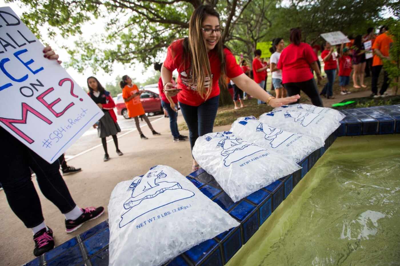 Opponents of the SB 4 law, Texas' "sanctuary cities" legislation, set out bags of ice as...