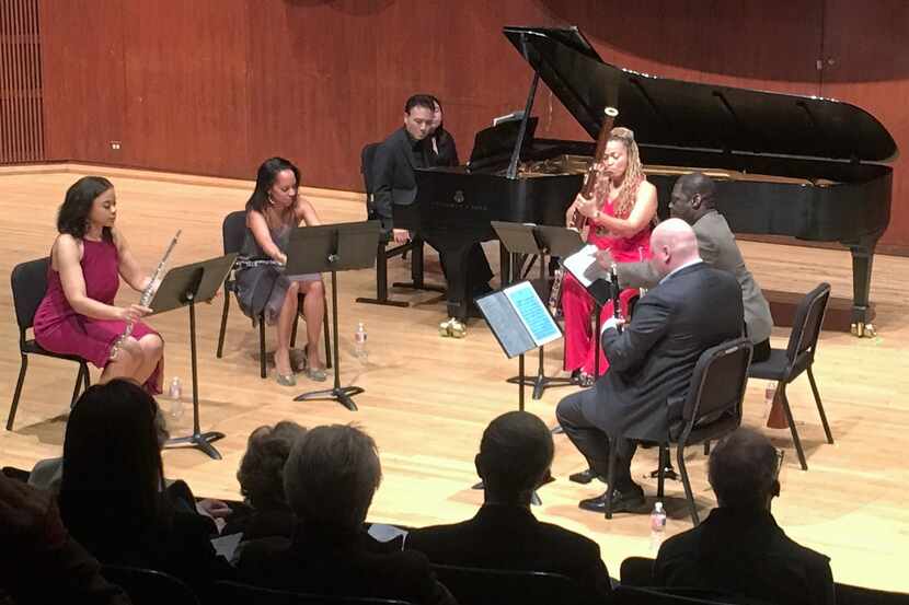 Pianist Jon Nakamatsu and the Imani Winds--L to R, Julietta Curenton (flute),...