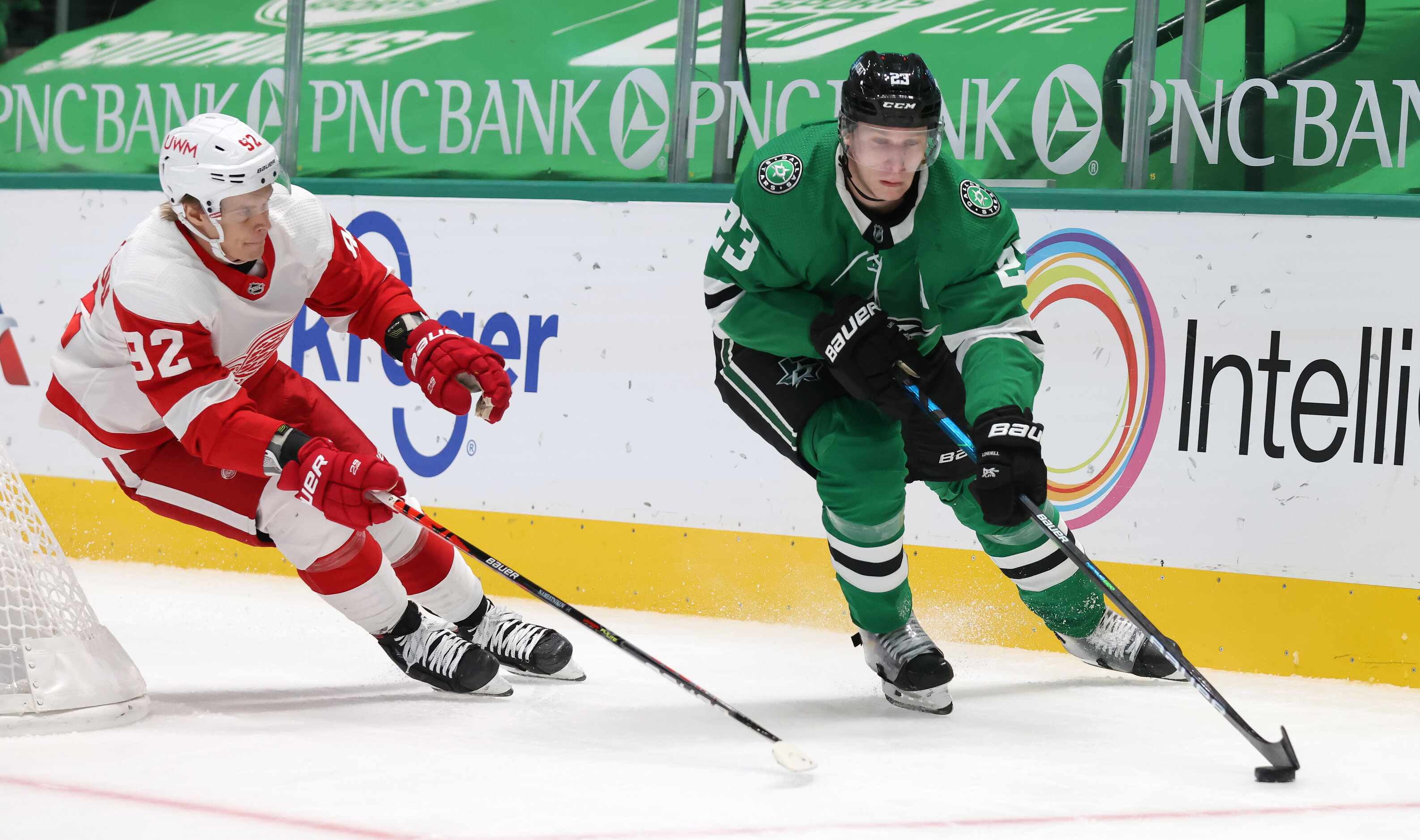 Dallas Stars defenseman Esa Lindell (23) makes his way around the goal as Detroit Red Wings...