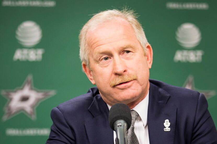 Stars GM Jim Nill addresses the media during a press conference at the American Airlines...