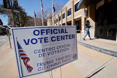 A vote center sign is seen in front of Dallas College El Centro Campus in Dallas.