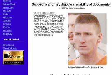 The front page of dallasnews.com on Feb. 28, 1997. Timothy McVeigh told his defense team...