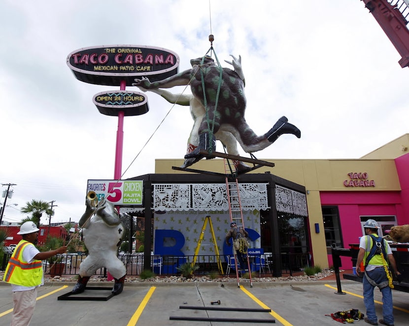 Three of the original Six Frogs Over Tango sculptures returned to a Lower Greenville Avenue...