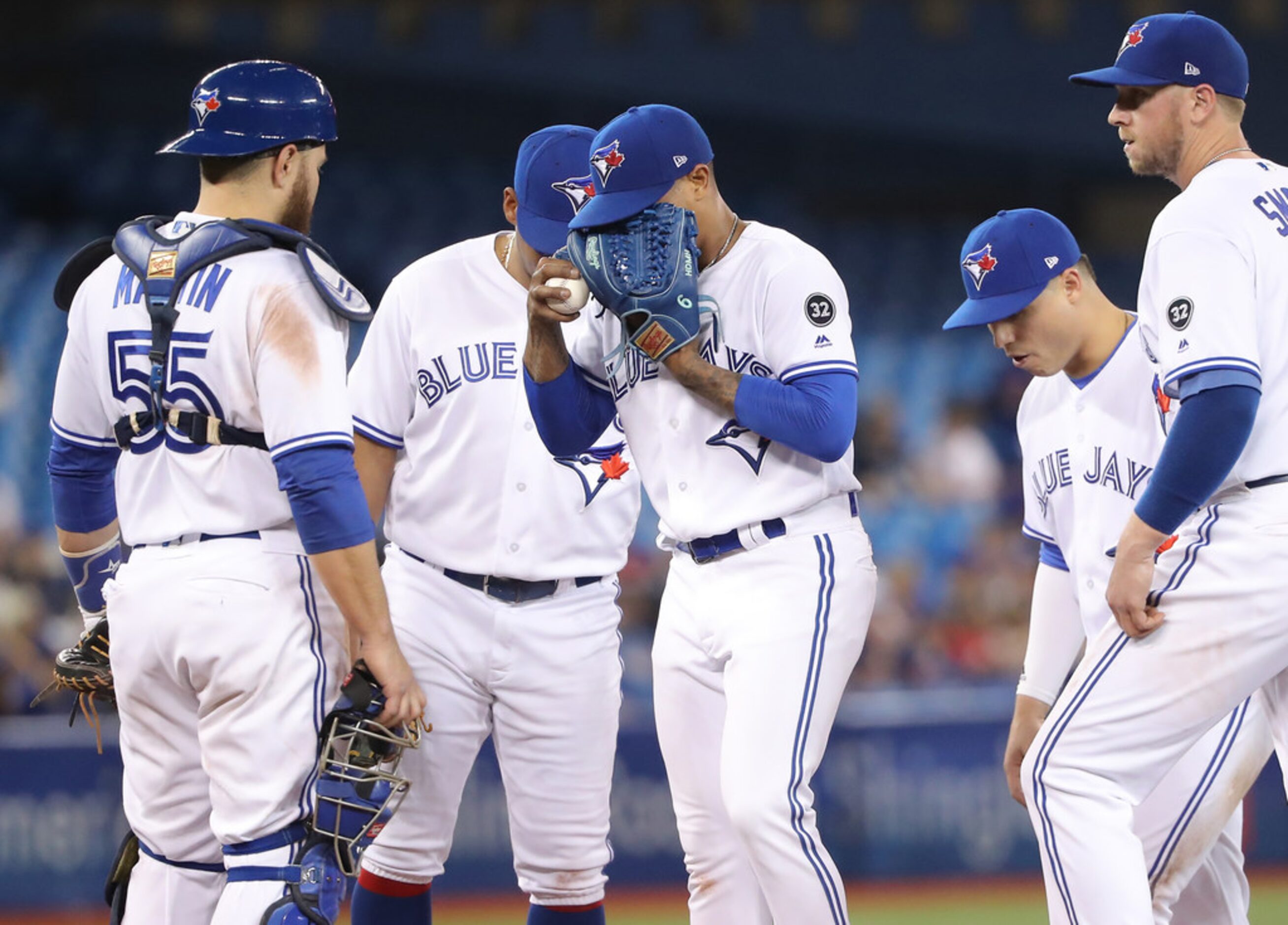 TORONTO, ON - APRIL 27: Marcus Stroman #6 of the Toronto Blue Jays reacts moments before...