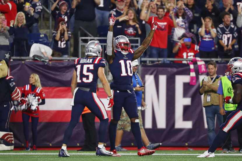 FOXBOROUGH, MA - OCTOBER 04:  Josh Gordon #10 of the New England Patriots celebrates with...