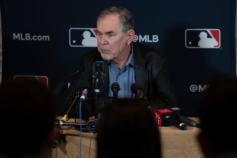 Texas Rangers manager Bruce Bochy responds to questions during the Major League Baseball...