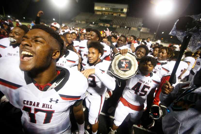 Cedar Hill celebrates after beating DeSoto 32-17 at Eagle Stadium in DeSoto, Texas on Nov....