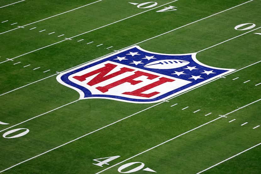 The NFL logo is seen during the NFL Super Bowl 58 football game Sunday, Feb. 11, 2024, in...
