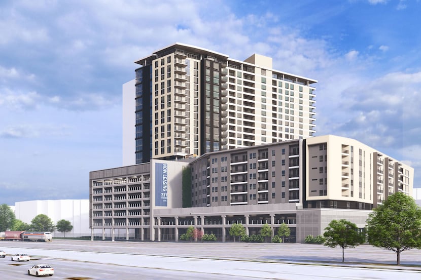 A rendering for a proposed apartment tower in Dallas' Victory Park development.