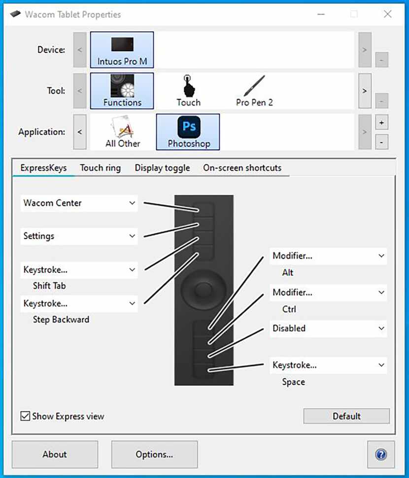 A screenshot of the control center button options available on the Wacom Intuos Pro Pen Tablet.
