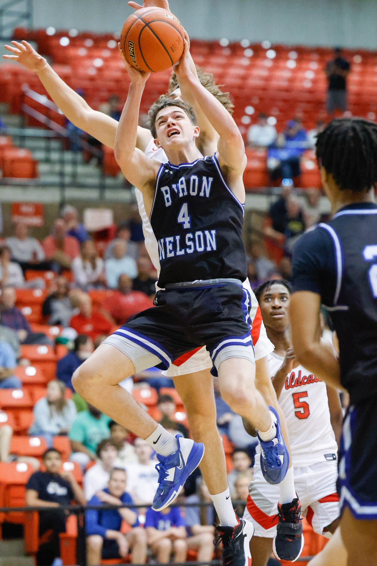 Byron Nelson High School'' Jonah Breeden (4) goes for a shot against Lake Highlands High...