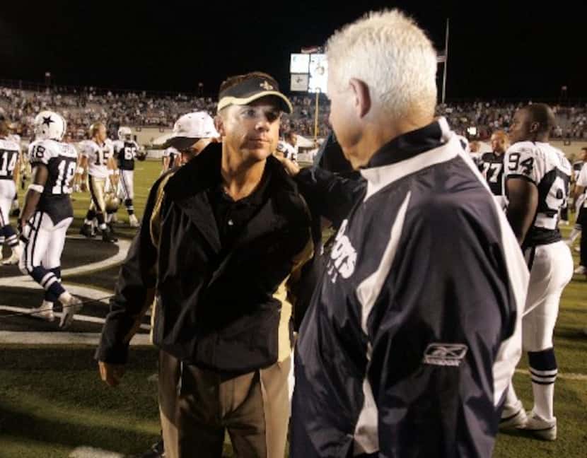Former Dallas Cowboys head coach Bill Parcells (right) and New Orleans Saints head coach...