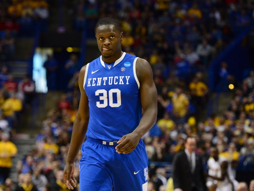 Mar 23, 2014; St. Louis, MO, USA; Kentucky Wildcats forward Julius Randle (30) reacts...